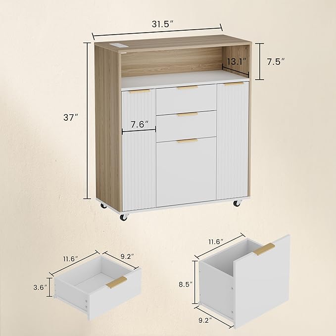 Home Office Standing Desk Set Fluted Cabinet with 3 Drawers and Door 47.2 x 26 Electric Stand Up Table with Storage Rolling Printer Stand on Wheels Mobile Light Walnut