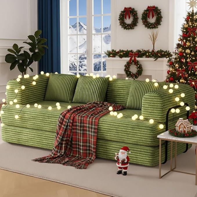WENTMENT 80‘’Convertible Floor Sofa Bed for Living Room Boneless Couch with Deep Seat Corduroy Pull Out Sofa Bed with 3 Pillows Bedroom Apartment No AssemblyGreen (Green)