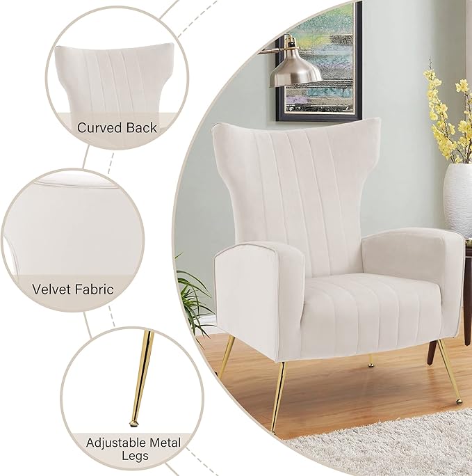 Accent Chair Upholstered Armchair with High Wingback &amp Metal Legs Mid-Century Modern Comfy Single Sofa Reading Chairs for Living Room Bedroom (White Set of 2)