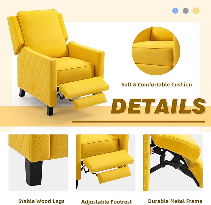 AVAWING Push Back Recliner Chair Wing Back Chairs with Arms Mid-Century Vintage Accent Chair for Living Room Polyester Yellow