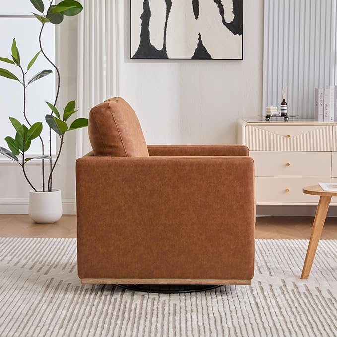 360° Swivel Accent Chair Square Modern Comfy Chair with Metal Base &amp Thicked Cushion Upholstered Lounge Reading Armchair Cozy Cloud Sofa Chairs for Living Room Bedroom Office Club(PU Brown)