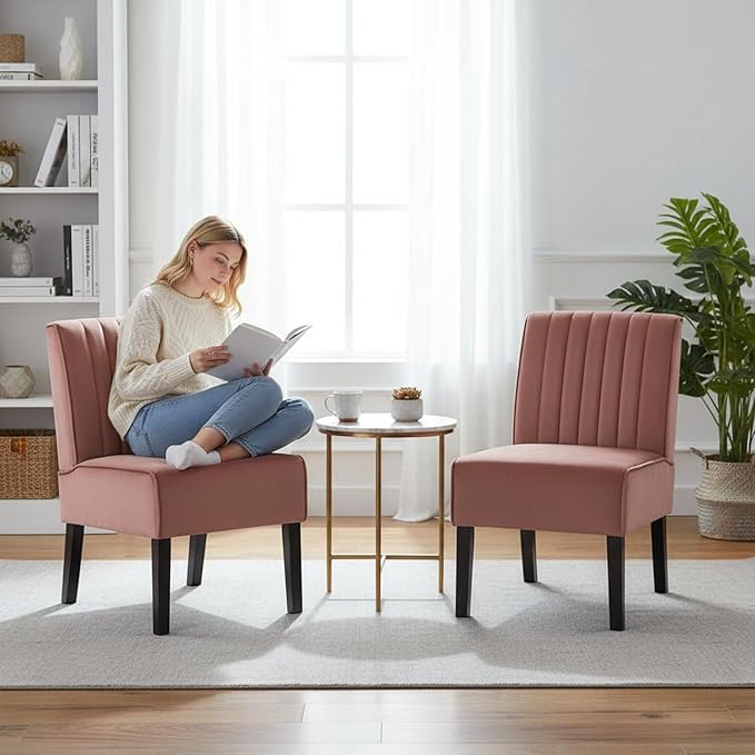 Reeso Mid Century Modern Accent Chairs Set of 2 with Minimalist Design Elegant Velvet Upholstery and Solid Wood Legs Ideal for Living Room or Bedroom Salmon