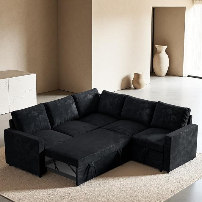 Modular Sofa Bed Couch with Storage 82 Reversible Sleeper Sofas with Pull Out Bed Pull Out Couch for Living Room Apartment Bedroom Office Velvet Black