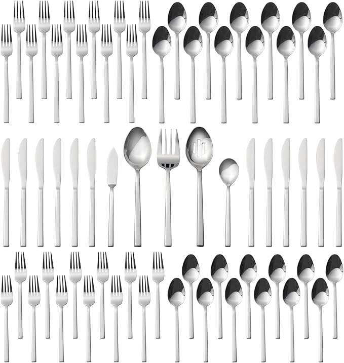 Alata Cube 65-Piece Forged Stainless Steel Flatware Set Cutlery Set with Utensil-Serving Set Silverware Set Service for 12 Mirror Finish Dishwasher Safe