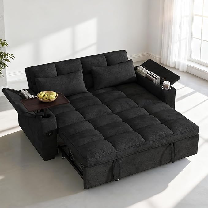 Dreamzie 65'' 3 in 1 Convertible Sleeper Sofa Bed Chenille Pull Out Couch for Living Room with 90° Swivel Side Table Loveseat Sleeper with Charging Port | Side Pocket | Cup Holders Black