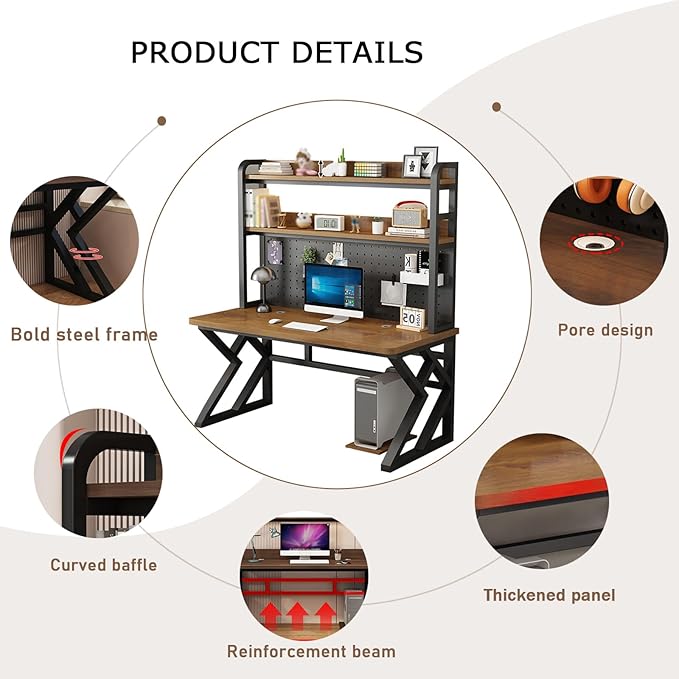 31.4in Gaming Desk with Bookshelf Combo Computer Desk with Pegboard Large Writing Table with Desktop Shelves Ample Leg Room for Home Office (Brown 31.4in)