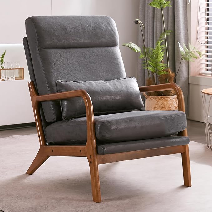 Karl home Accent Chair Mid-Century Modern Chair with Pillow High Back Bronzing Cloth Upholstered Lounge Arm Chair with Solid Wood Frame &amp Soft Cushion for Living Room Bedroom Balcony Dark Gray