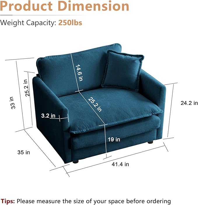 mikibama 41.4 Inch Single Seat Sofa Chenille Comfy Deep Upholstered Couch Armchair with Toss Pillow for Living Room Bedroom Office Apartment Blue