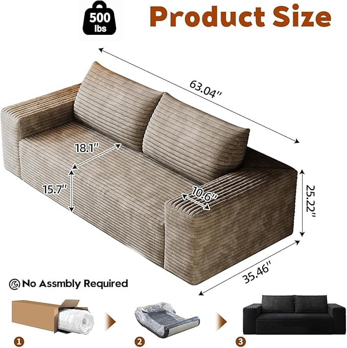 63 Cloud Loveseat Sofa - Boneless Deep Seat 2-Seater No Assembly Foam Floor Couch Plush Corduroy Fabric Modern Living Room Sofa for Small Space Apartment Bedroom Office (Camel) | Boneless Sofa