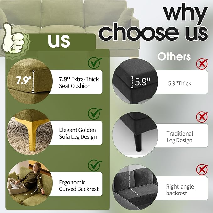 VINGLI 100 W U Shaped Couch with Ottoman 22 Deep Seat Comfortable Sectional Couches for Living Room 3 Seater Chenille Fabric Cloud Sofa for Apartment Small Spaces Bedroom Green