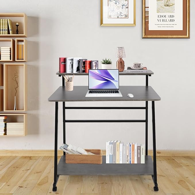 Home Office Desk3 Tier Rolling Computer Desk36inch Modern Home Desk Computer Desk Writing Table with Under Desk Storage Shelves for Home Office Study Bedroom (Black+Grey)