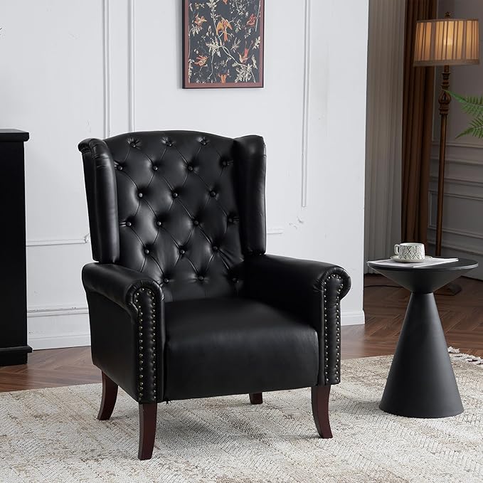 MOJAY Faux Leather Accent Chairs Set of 2 Mid-Century Modern Living Room Chairs Upholstered Club Arm Chair Single Sofa Chair with Solid Wooden Legs for Bedroom Study Home Office Lounges (Black)