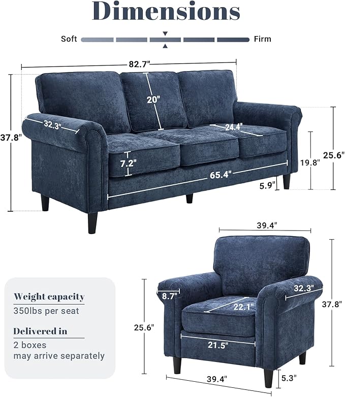 Kingfun WILLOVE 3 Seater Couch Mid Century Modern Sofa Set with Rolled Arms and Deep Seats Fluffy Comfort for Living Room Apartment Easy Assembly Blue