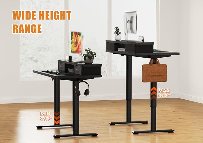 Flycity Electric Standing Desk with Dual Drawers 48 x 24 Height Adjustable Desk Sit Stand Desk with Memory Controller Casters &amp 2 Hooks Low Noise Home Office Desk Black