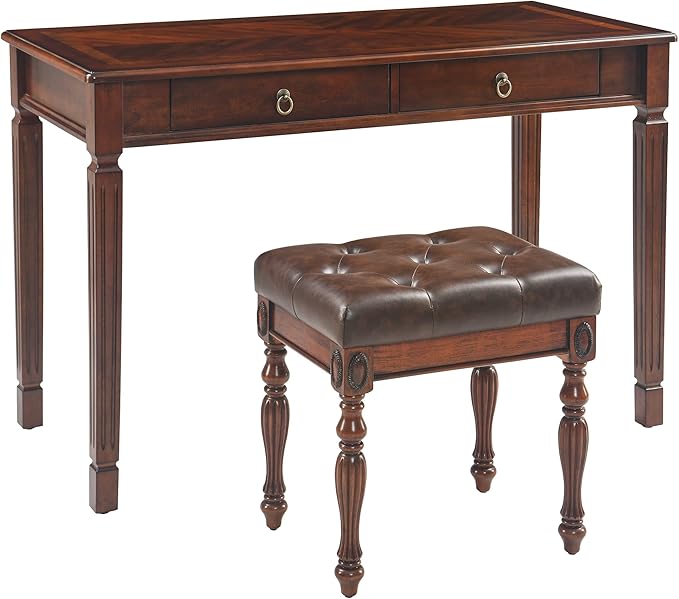 Solid Wood Makeup Vanity Table Set 46.1 Large Dressing Vanity Table with 2 Drawers and Vanity Bench Stool Writing Desk with Solid Wood Legs &amp Button Tufted Cushioned Stool Cherry&ampBrown