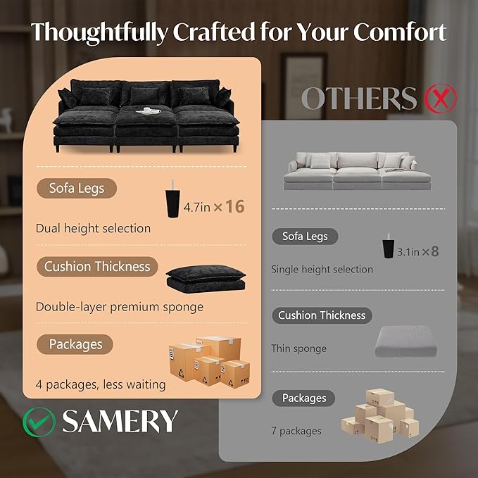 SAMERY 111 U Shaped Couch Cloud Sofa Modular Sectional Couch with 3 Large Ottomans Black 3 Seater Chenille Oversized Deep Seat Sectional Sofa with Pillows for Living Room Bedroom Apartment