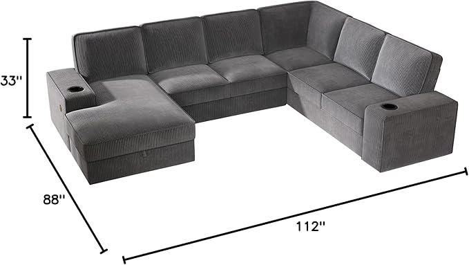 PaPaJet U Shaped Couch 112 Inch Oversized Couch with Storage Chaise Sectional Sofa with Cup Holders &amp 2 USB Ports Corduroy Grey Sofa