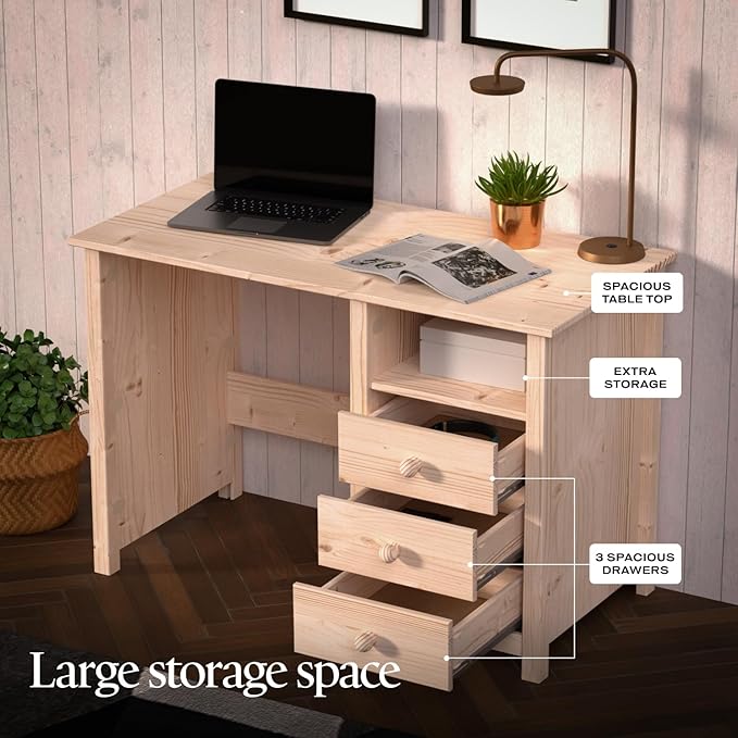 From the Tree Furniture Solid Wood Desk with Drawers – Compact Study Desk for Kids &amp Adults Space-Saving Home Office Writing Table Real Pine Construction