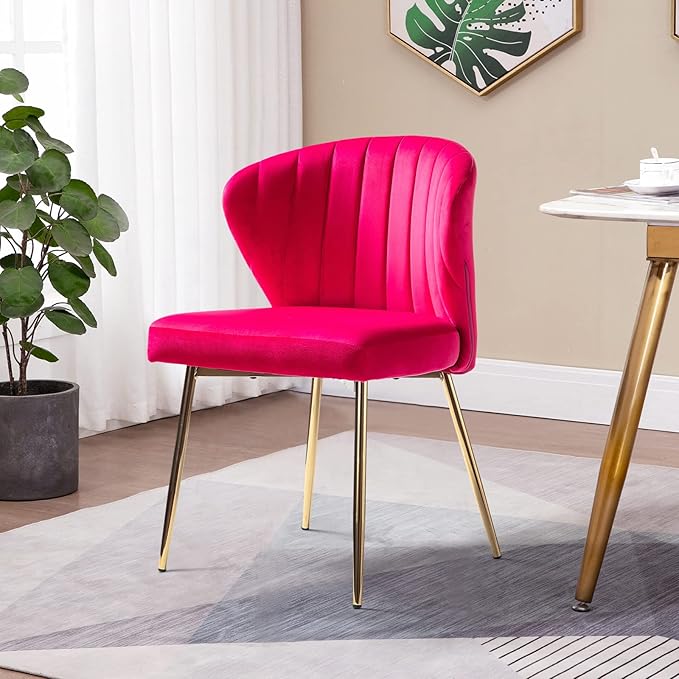 HULALA HOME Velvet Dining Chair Cute Armless Accent Chair Living Room Chair with Golden Legs Mid Century Modern Upholstered Side Chair for Kitchen Vanity Fuchsia