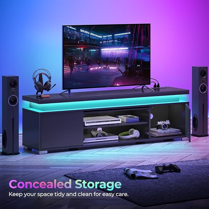 Rolanstar TV Stand with Power Outlet &amp LED Lights Modern Entertainment Center for 32/43/50/55/65 Inchs TVs TV Table Universal Gaming LED TV Media Stand with Large Storage Cabinet Black