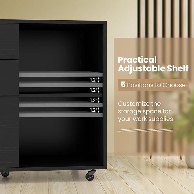 3 Drawer File Cabinet Wood Lateral Filing Cabinet for Hanging Letter A4 Legal Size Rolling Printer Stand with Adjustable Shelf Under Desk Storage for Home Office (Black)