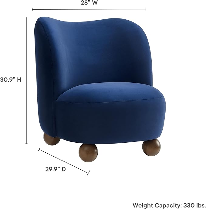 Modway Monroe Performance Velvet Accent Chair in Midnight Blue Walnut - Upholstered Stain-Resistant Barrel Chair - Comfy Lounge Chair - Oversized Round Armless Reading Chair for Living Room
