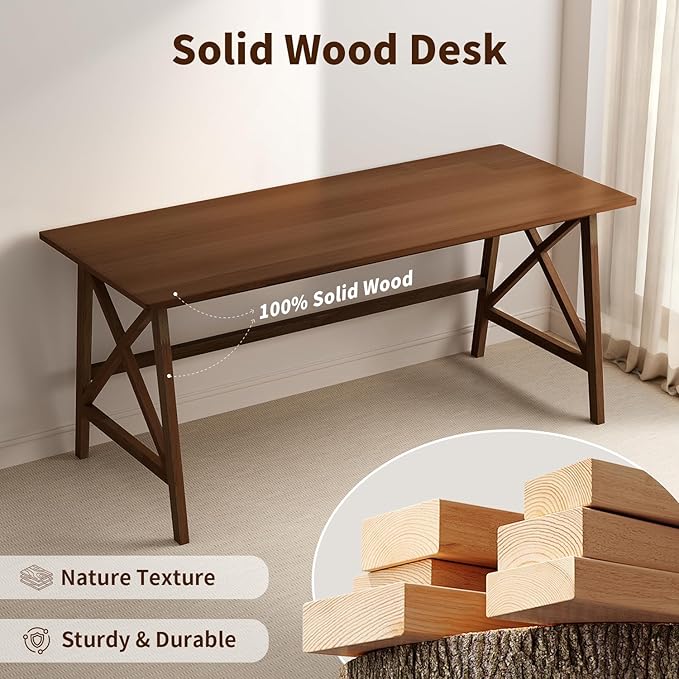 Modern Solid Wood Desk - 54 Simple Computer Table for Home Office Study Writing Workstation in Walnut 54 W x 24 D