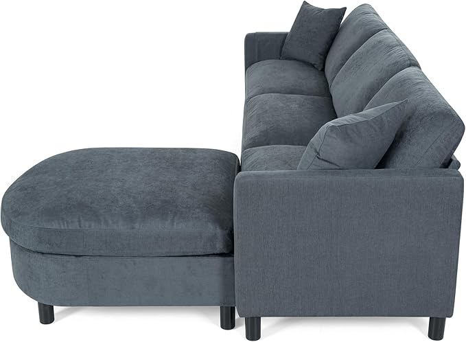 kevinplus 107.87'' Sectional Sofa Couch with Curved Convertible Ottoman for Living Room Modern 3-Seat L-Shaped Upholstered Sectional Couch Sofa for Apartment Polyester Fabric Gray