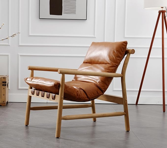 Faux Leather Accent Chair Mid Century Modern Living Room Chairs Comfy Arm Chair with Solid Wood Frame Upholstered Lounge Reading Chair Cozy Recliner for Guest Room/Bedroom Brown 7533AC