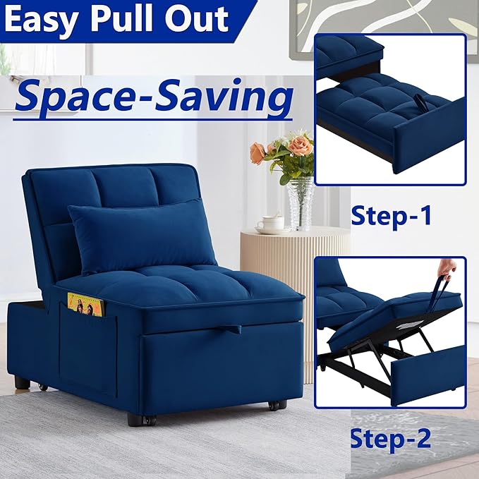 4 in 1 Sleeper Chair with Pullout BedConvertible Lazy Sleeper Sofa Chair withStorage Pockets &amp Adiustable Backrest forLiving Room (Navy)