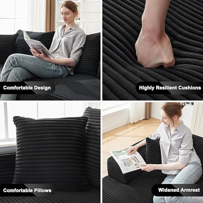 104'' Corduroy Boneless Couch for Living Room Modular Cloud Sectional Couches with Deep Seat Comfy Fluffy Sofas with L-Shaped ChaiseNo Assembly Required2PC Free Combination (Black)