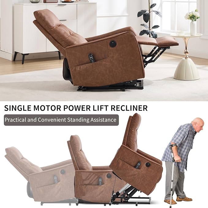 Small Power Lift Chair Recliner for Elderly Petite Power Recliner Chair with Massage and Heat | USB | High Back | Push Button | Side Pockets Liviing Room Easy Assembly (PU Leather Light Brown)