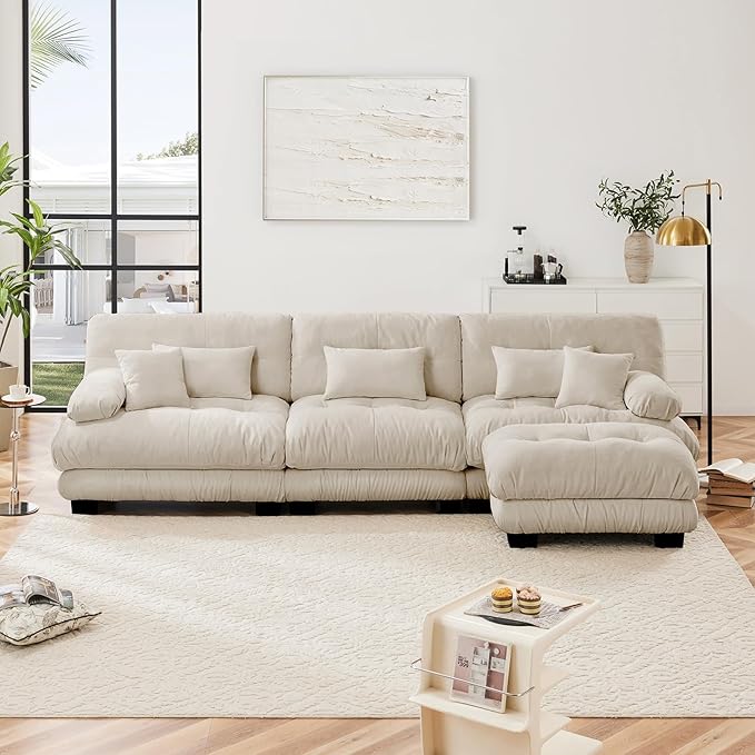 133.8 Oversized Couch 3 Seater Modular Sectional Sofa Beige Large L Shaped Sectional Couches for Living Room Fluffy Couch Set 3 Seater Velvet Cloud Couches with Ottoman Sofas for Living Room