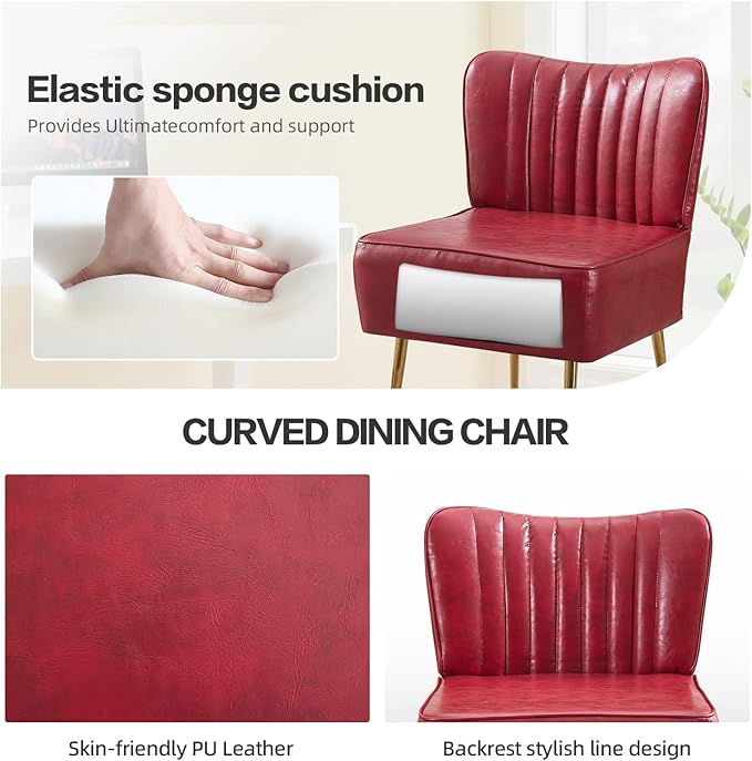 PU Leather Armless Accent Chair Set of 3Modern Comfy Living Room Slipper Chairs with Golden LegsUpholstered Single Sofa Wingback Side Corner Chair for BedroomSmall SpaceWine Red