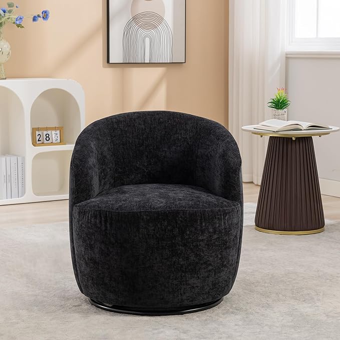 Swivel Accent Chair360 Degree Chenille Small Swivel Barrel ChairUpholstered Comfy Arm ChairModern Round Swivel Bucket ChairSingle Sofa Chair for Living RoomBedroomNursery(Black)