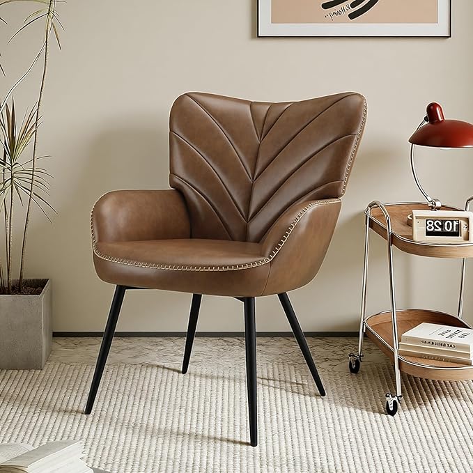 Modern Mid-Century Faux Leather Accent Chair Upholstered Armchair with Curved Backrest Sturdy Metal Base Living Room Bedroom &amp Reading NookBrown