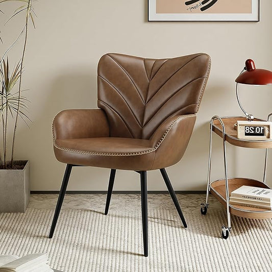 Modern Mid-Century Faux Leather Accent Chair Upholstered Armchair with Curved Backrest Sturdy Metal Base Living Room Bedroom &amp Reading NookBrown