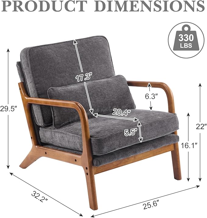 Karl home Mid Century Modern Accent Chair with Lumbar Pillow &amp Oak Arms – Plush Chenille Living Room Chair for Bedroom Lounge (Gray)