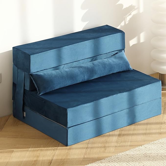 Tiita Folding Sofa Bed Couch Twin Size Foldable Futon Chair with Pillow Folding Sleeper Sofa Chair Bed Floor Mattress for Guest Room Living Room Blue