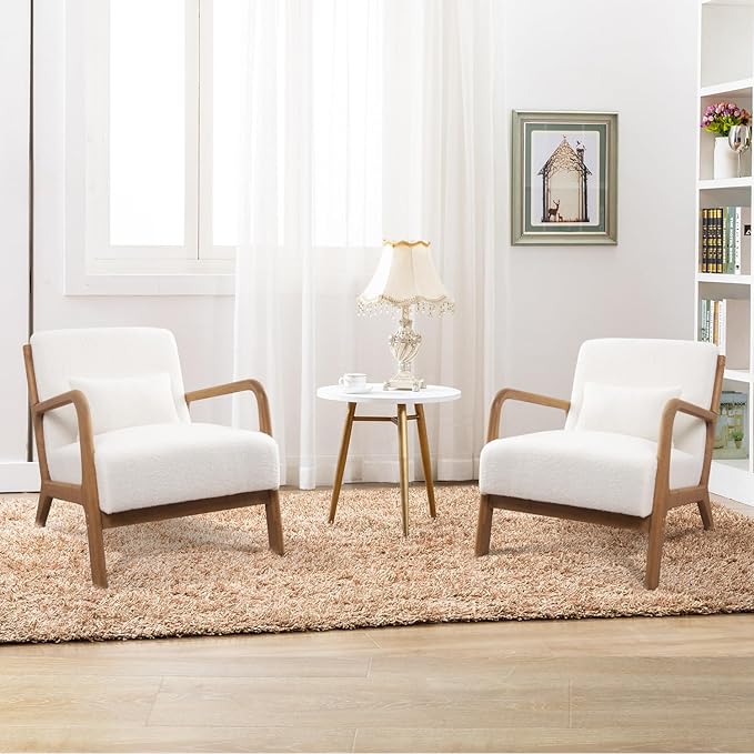 INZOY Mid Century Modern Accent Chair with Lamb Wool Fabric Upholstered Living Room Chairs with Waist Cushion Reading Armchair for Bedroom Sunroom White
