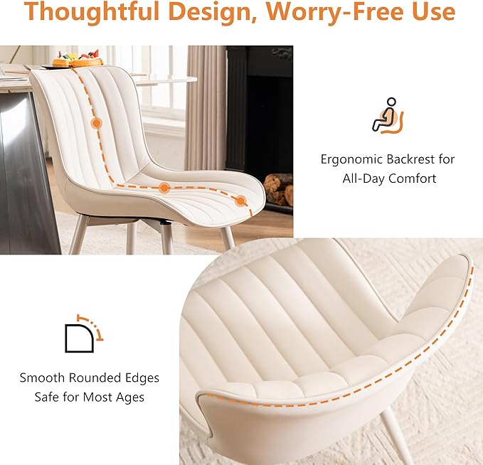 YOUNUOKE Mid-Century Modern Dining Chairs Set of 2 Cream PU Leather Upholstered Kitchen Chairs with Cream Metal Legs Armless Accent Chair for Dining Room Guest Reception Room