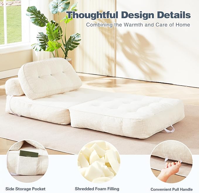 Folding Sofa Bed Flannel Futon Couch Bed with Pillow and Blanket Convertible Sleeper Chair for Living Room Bedroom White