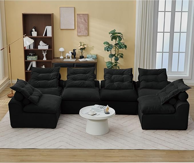 JUSTONE Modular Sectional Sofa CouchNo Armrests Floor SofaNeck Pillow-Back Lounge Sofa ChairSoft Corduroy FabricDurable SupportSmall Sofa for Living RoomApartment Guest Room6 SeatsBlack