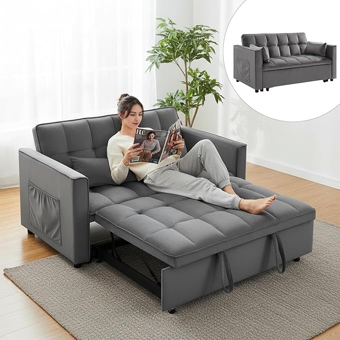 54'' 3 in 1 Convertible Sleeper Sofa Bed Futon Couches Bed for Living Room with Side Pocket | Adjustable Backrest| Velvet Fabric | Pull Out Couch | Love Seat Sofa Grey