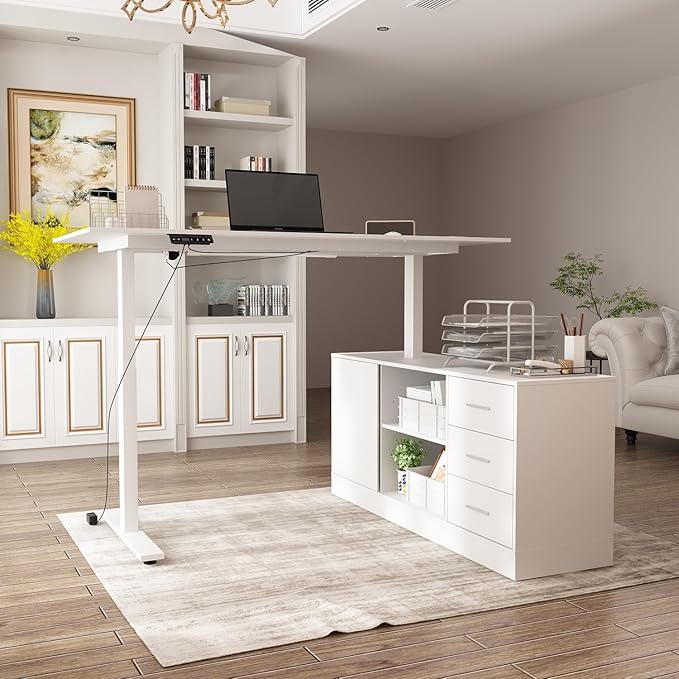 63 W L Shaped Standing Desk with Cabinet Electric Height Adjustable &amp Reversible Corner Computer Desk with Drawers &amp Storage Shelves for Home Office White