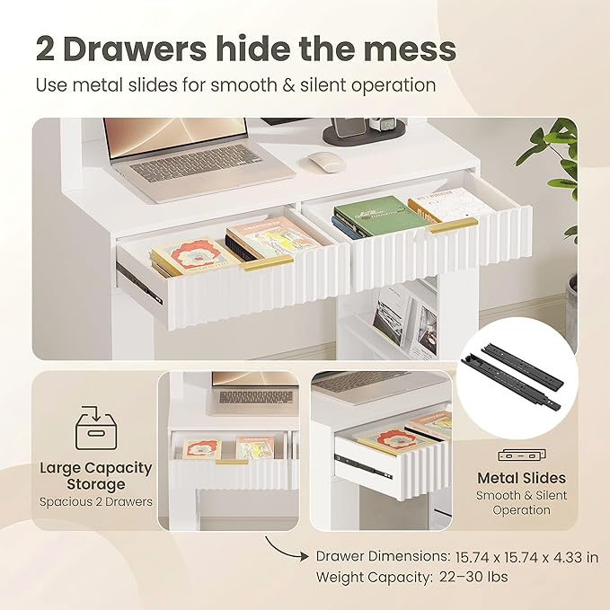 Arched Desk for Home Office Computer Desk with 2 Drawers &amp Hutch Wood Writing Desk with Power Outlets 3 Color LED Lights Side Open Shelves Modern Fluted Design 35.4 W x 70.8 H (White)