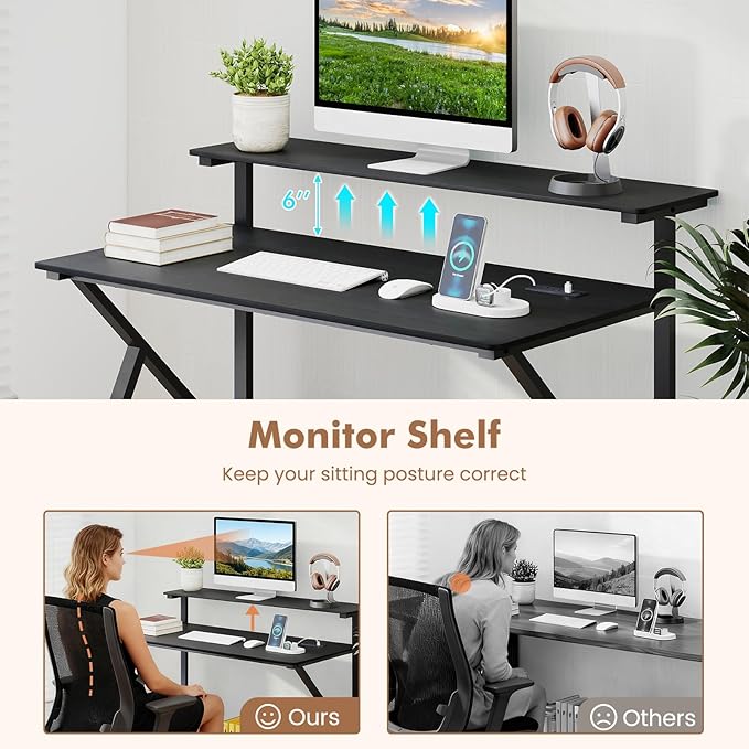 Giantex Rolling Computer Desk with Charging Station Mobile Portable Laptop Desk with Monitor Stand &amp Storage Shelf Small Desk with Lockable Wheels for Small Spaces Home Office (Black)