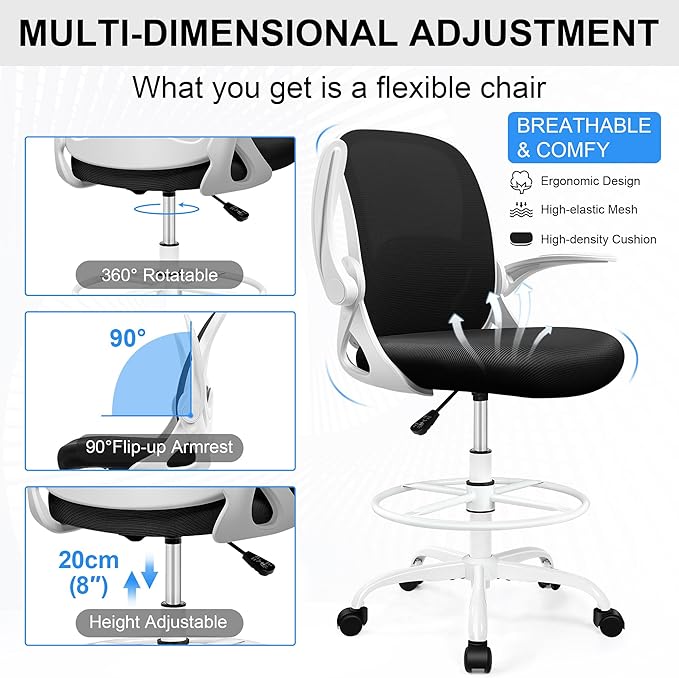 Drafting Chair Tall Office Chair with Flip-up Armrests Adjustable Height and Enhanced Lumbar Support - Ergonomic Rolling Stool Back Support and Adjustable Foot Rest Ring for Standing Desk White