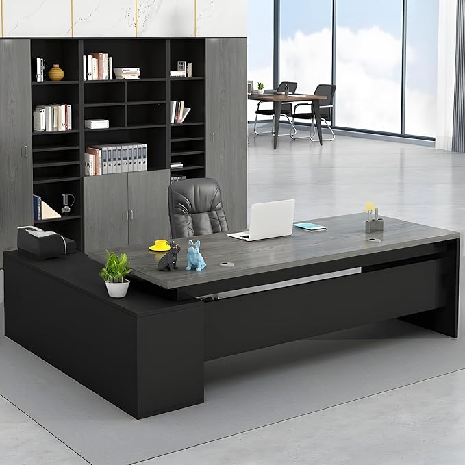 LITFAD Modern L-Shape Office Desk with Wood Base Executive Desks Boss Table Computer Desk Home Office Furniture with Drawers and Storage Shelves - Without Chairs 63 L x 23.6 W x 29.5 H Gray