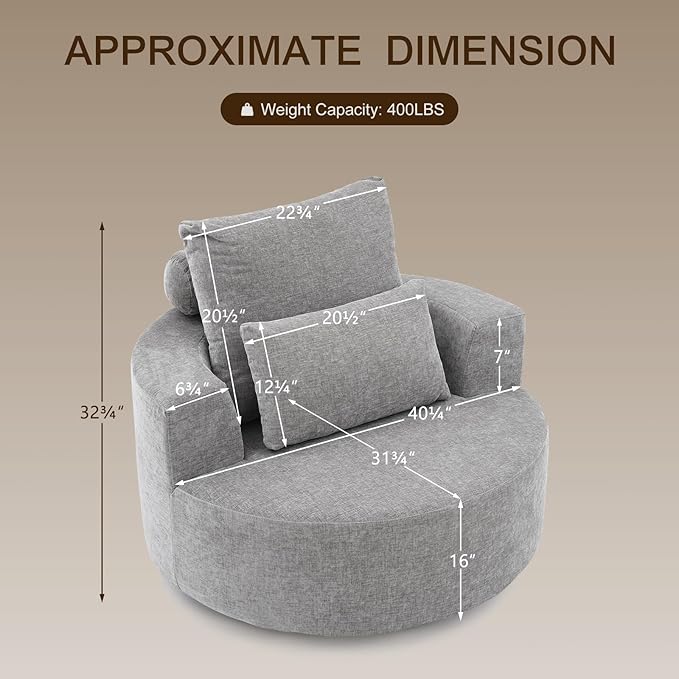 Furnimart 40 Oversized Barrel Accent Chair Set of 2 360° Swivel Round Upholstered Sofa Chenille High-Resilience Sponge No Assembly Wide Seat for Living Room Bedroom Apartment (Gray)